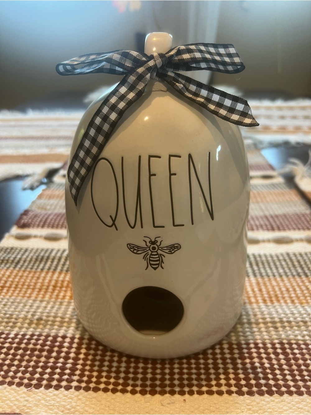 Rae Dunn White QUEEN Ceramic Bee House with Black Gingham Bow